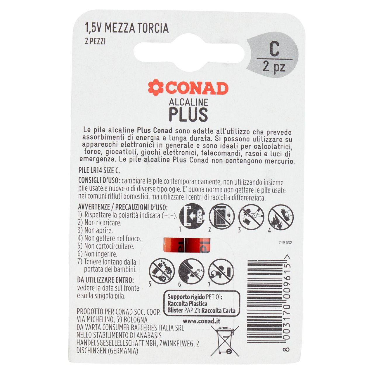 CONAD Pile Alcaline Plus Mezza Torcia 1,5V 2 pz