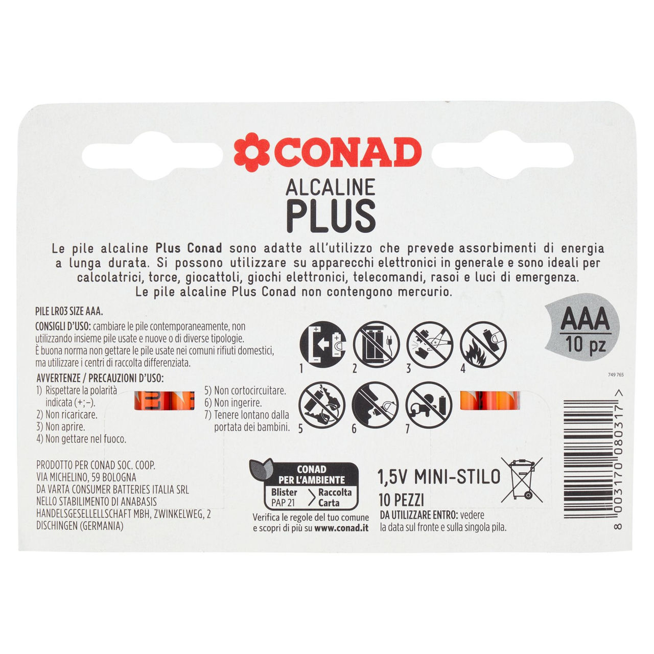 CONAD Pile Alcaline Plus Mini-Stilo 1,5V 10 pz