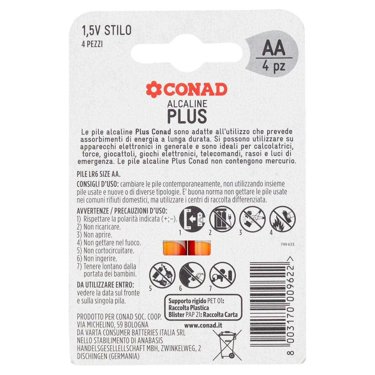 CONAD Pile Alcaline Plus Stilo 1,5V 4 pz