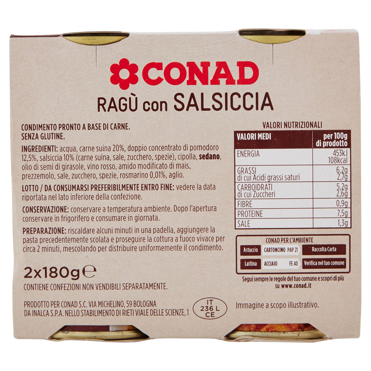 Ragù con Salsiccia 2x180g Conad in vendita online