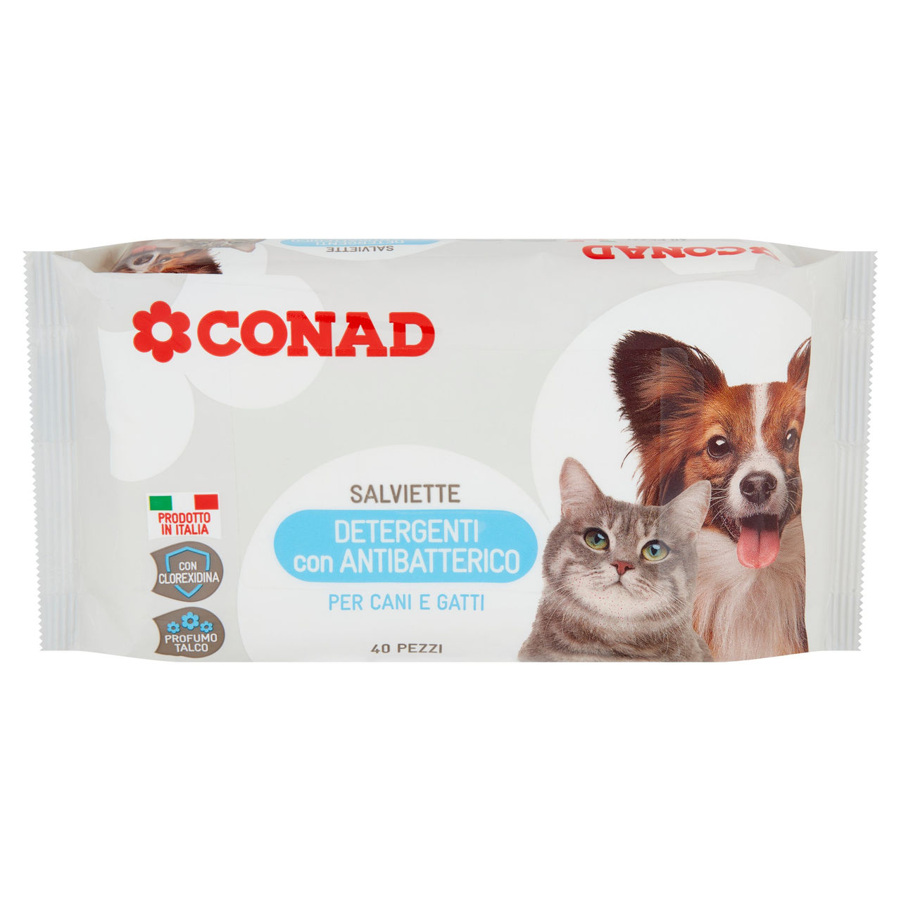 CONAD Salviette Detergenti con Antibatterico per Cani e Gatti Profumo Talco 40 pz