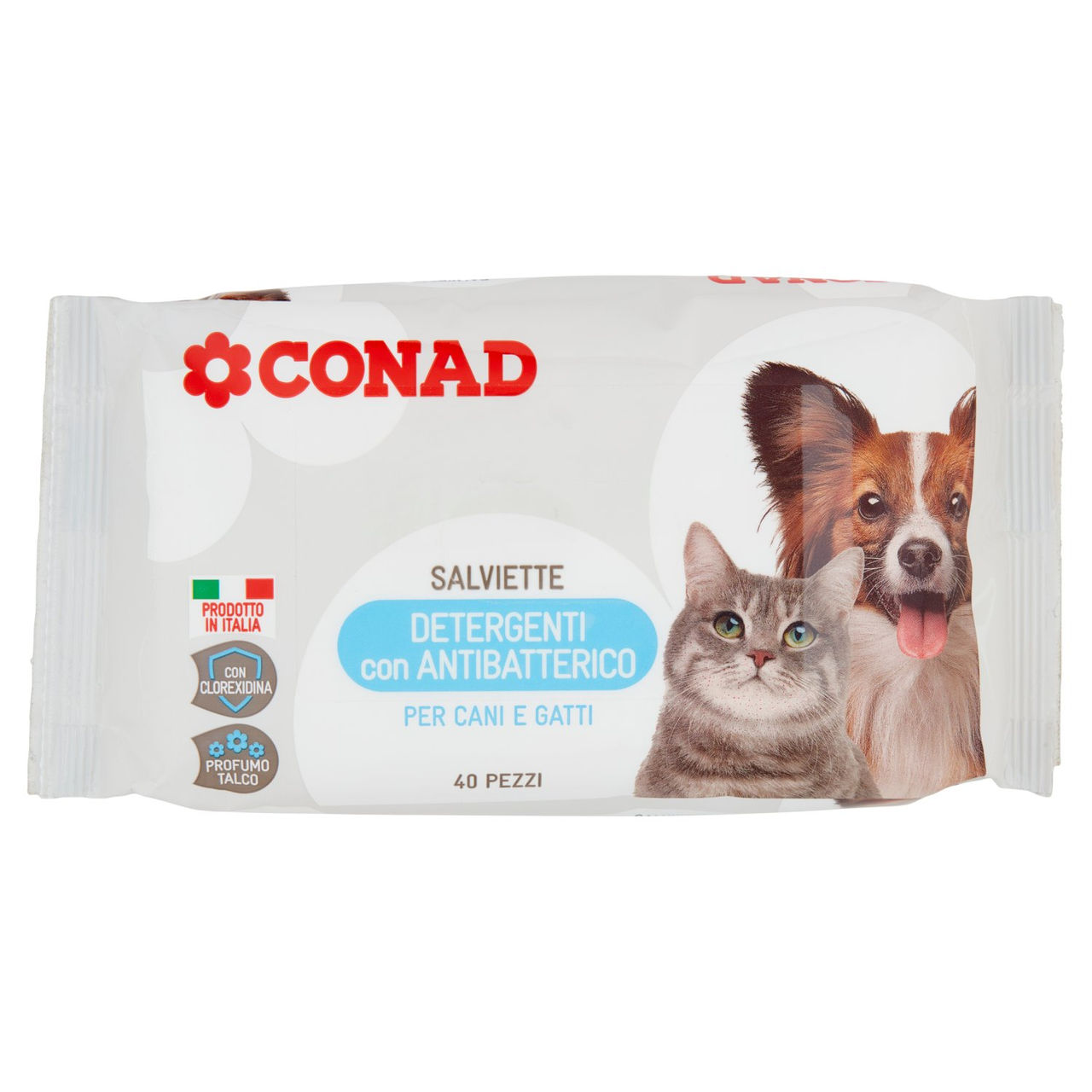 CONAD Salviette Detergenti con Antibatterico per Cani e Gatti Profumo Talco 40 pz