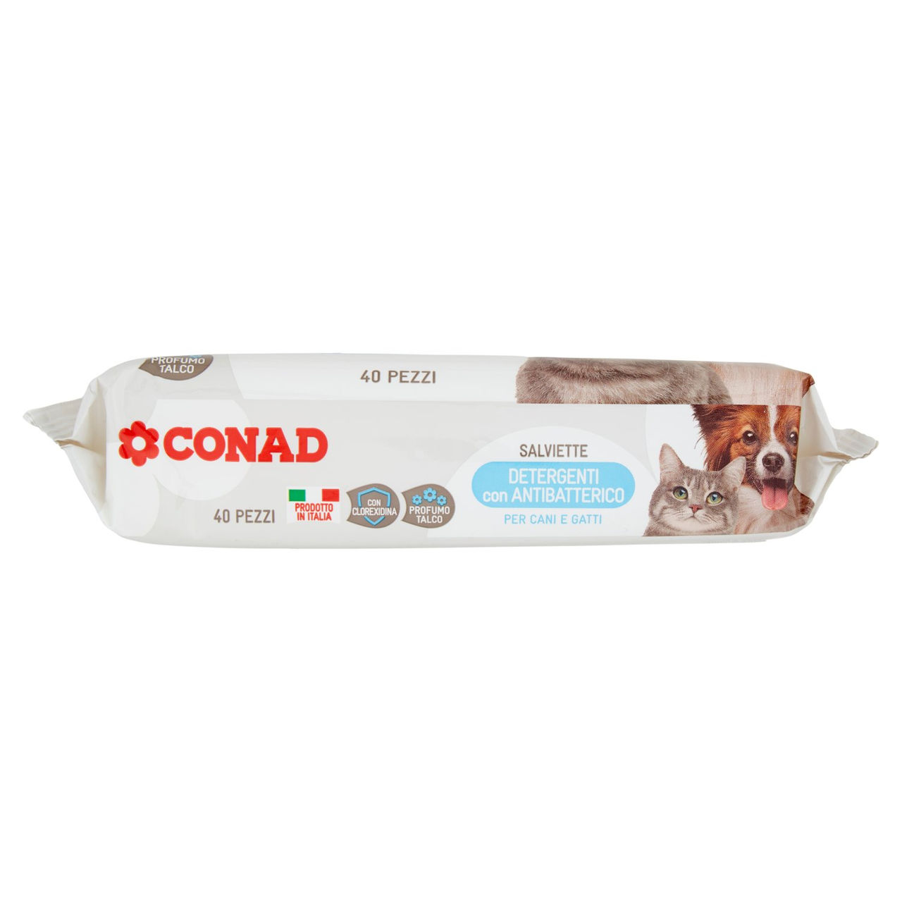 CONAD Salviette Detergenti con Antibatterico per Cani e Gatti Profumo Talco 40 pz