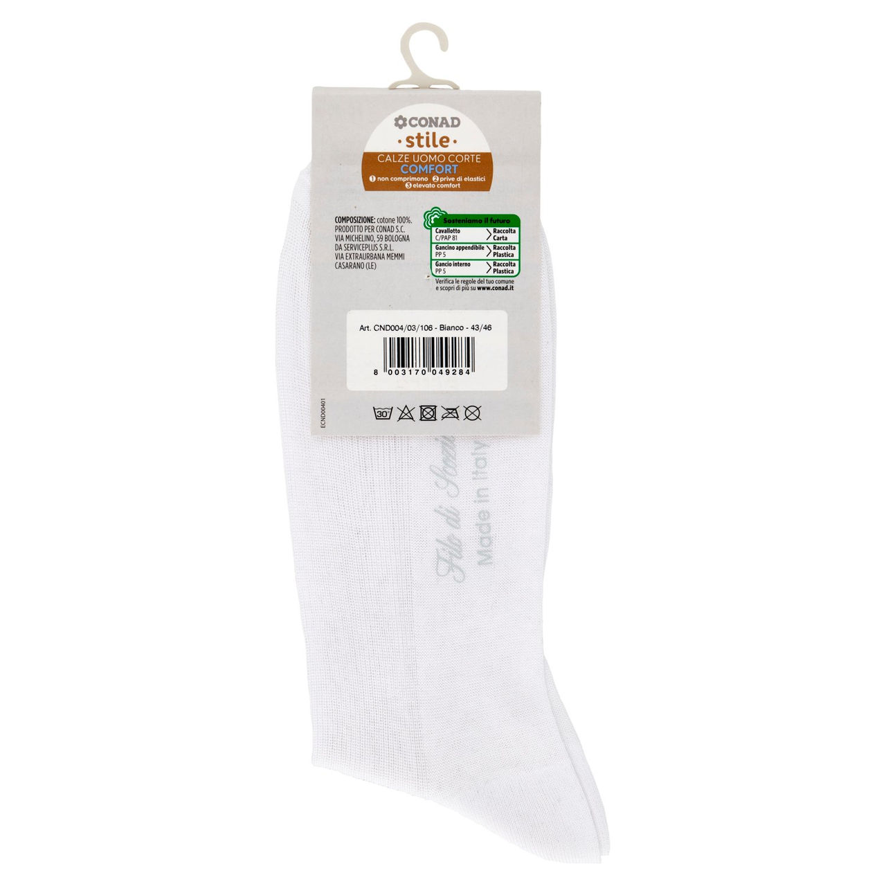 CONAD stile Calze Uomo Corte Comfort Taglia 43/46 Bianco 1 Paio