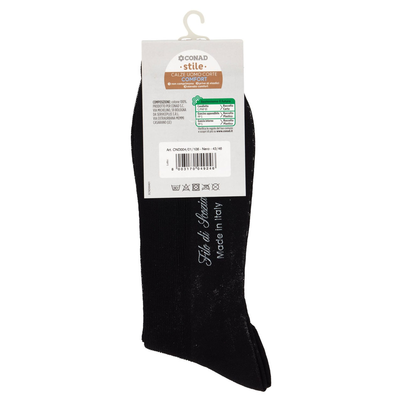 CONAD stile Calze Uomo Corte Comfort Taglia 43/46 Nero 1 Paio