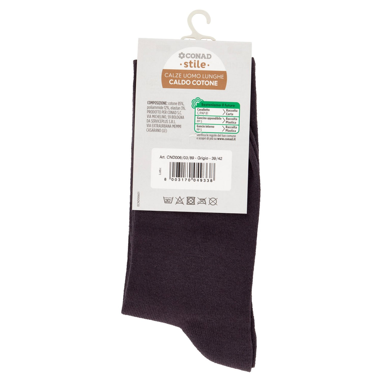 CONAD stile Calze Uomo Lunghe Caldo Cotone Taglia 39/42 Grigio 1 Paio