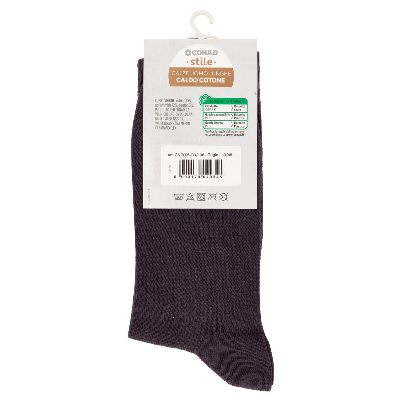 CONAD stile Calze Uomo Lunghe Caldo Cotone Taglia 43/46 Grigio 1 Paio