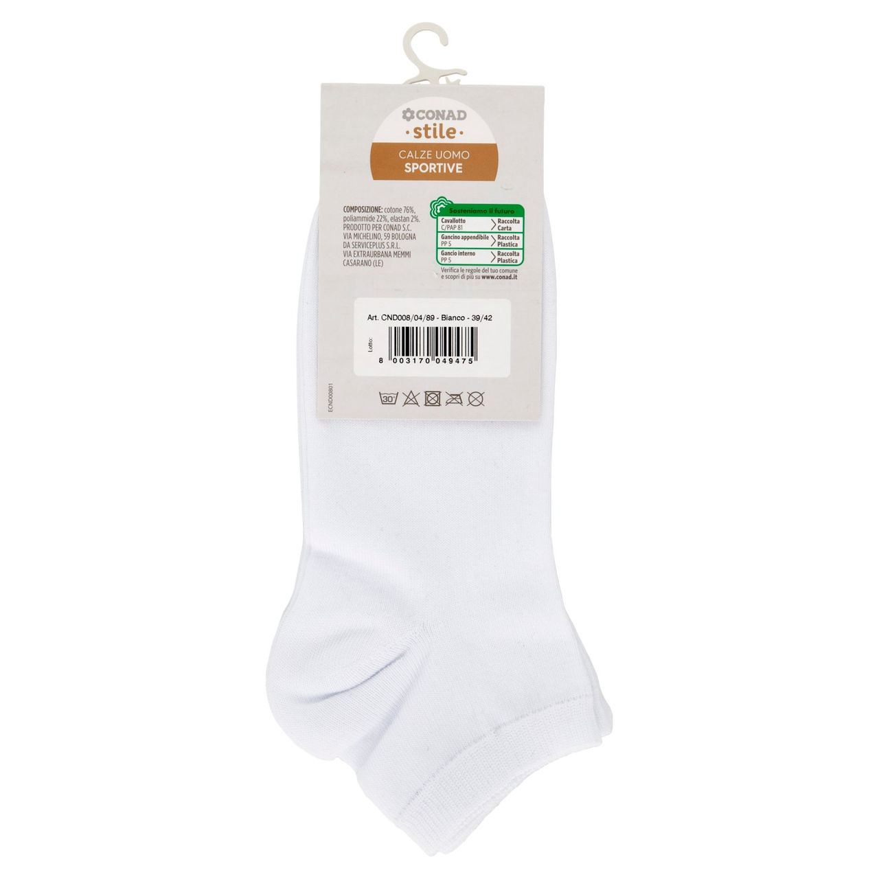 CONAD stile Calze Uomo Sportive Taglia 39/42 Bianco 2 Paia