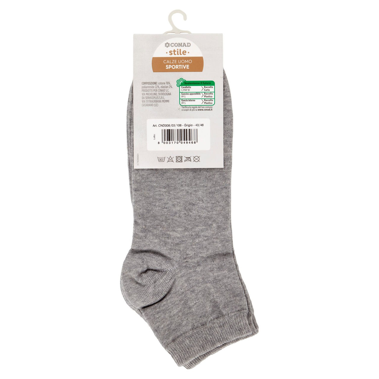 CONAD stile Calze Uomo Sportive Taglia 43/46 Grigio 2 Paia