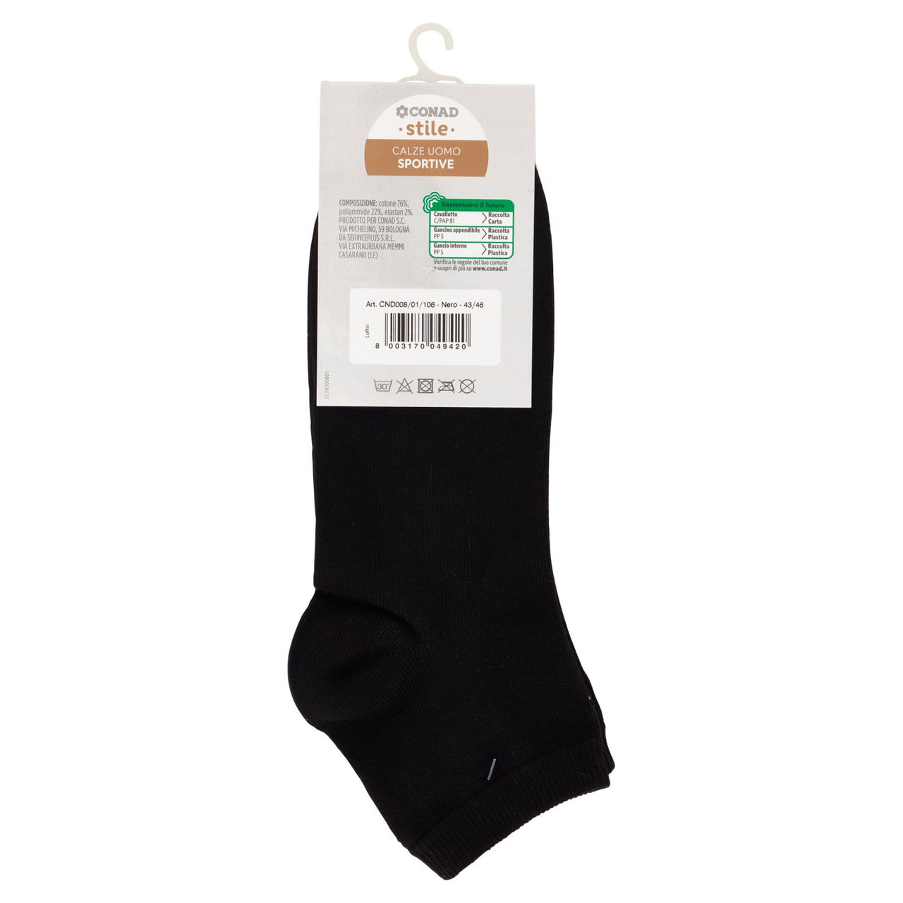 CONAD stile Calze Uomo Sportive Taglia 43/46 Nero 2 Paia