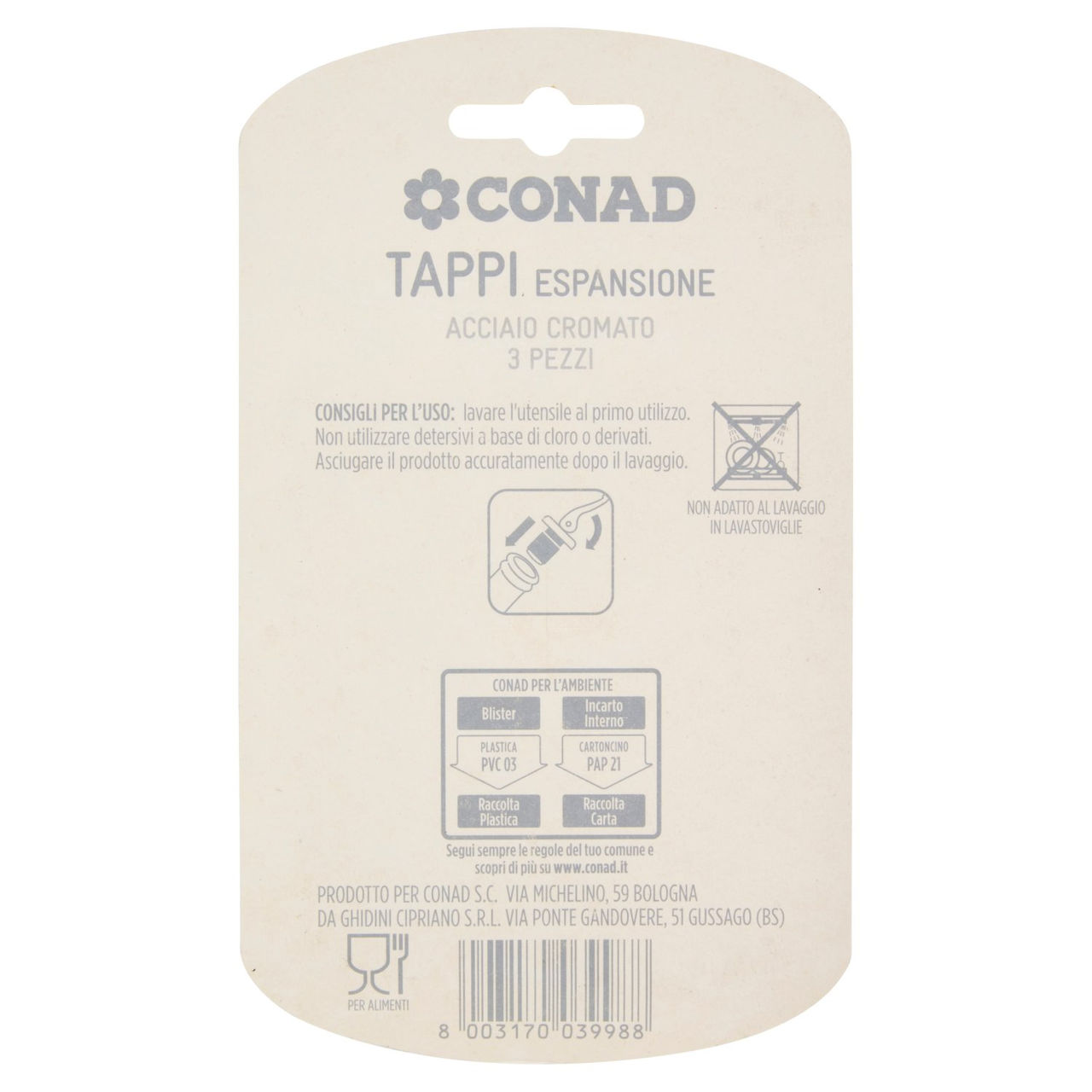 CONAD Tappi Espansione Acciaio Cromato 3 pz