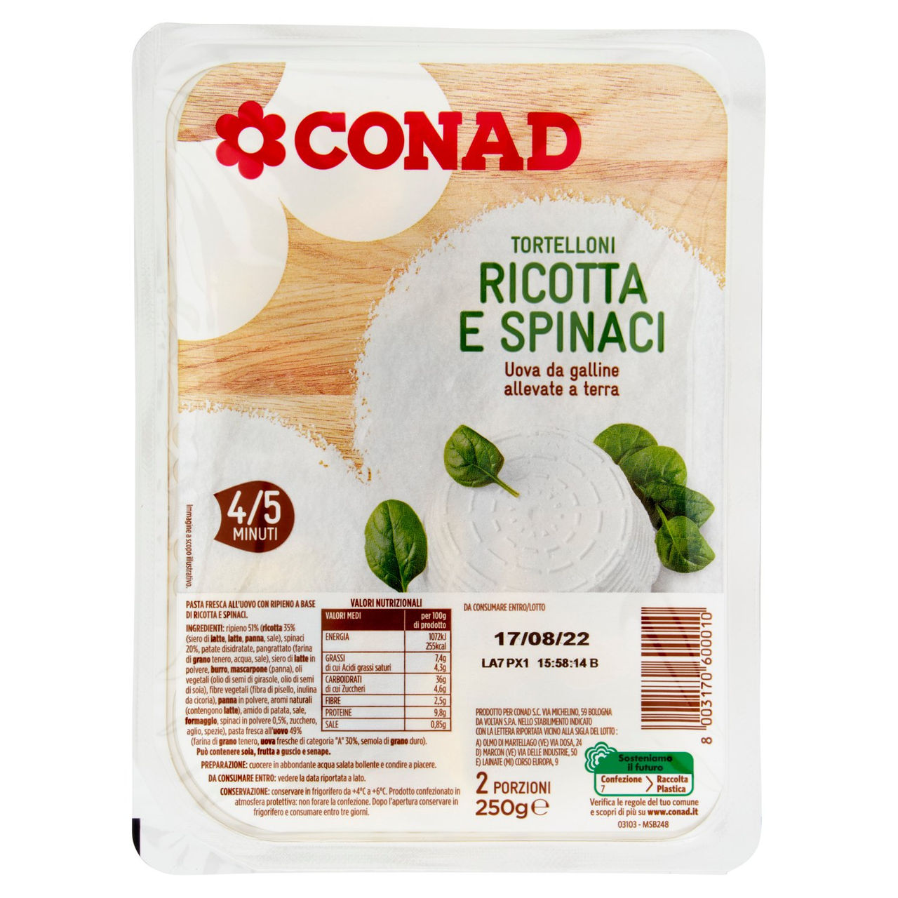 Tortelloni con Ricotta e Spinaci 250 g Conad