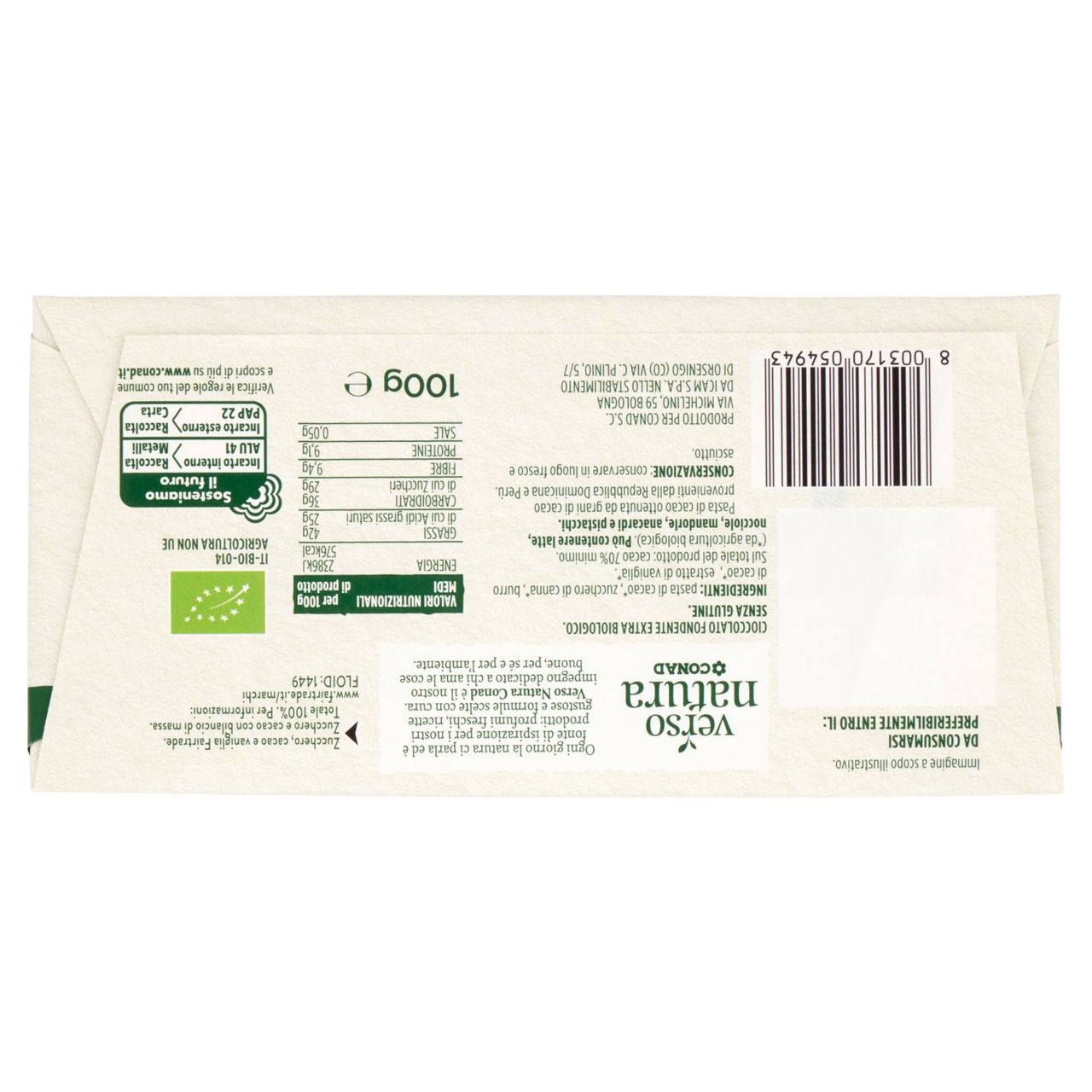 Cioccolato fondente biologico g 100 Conad