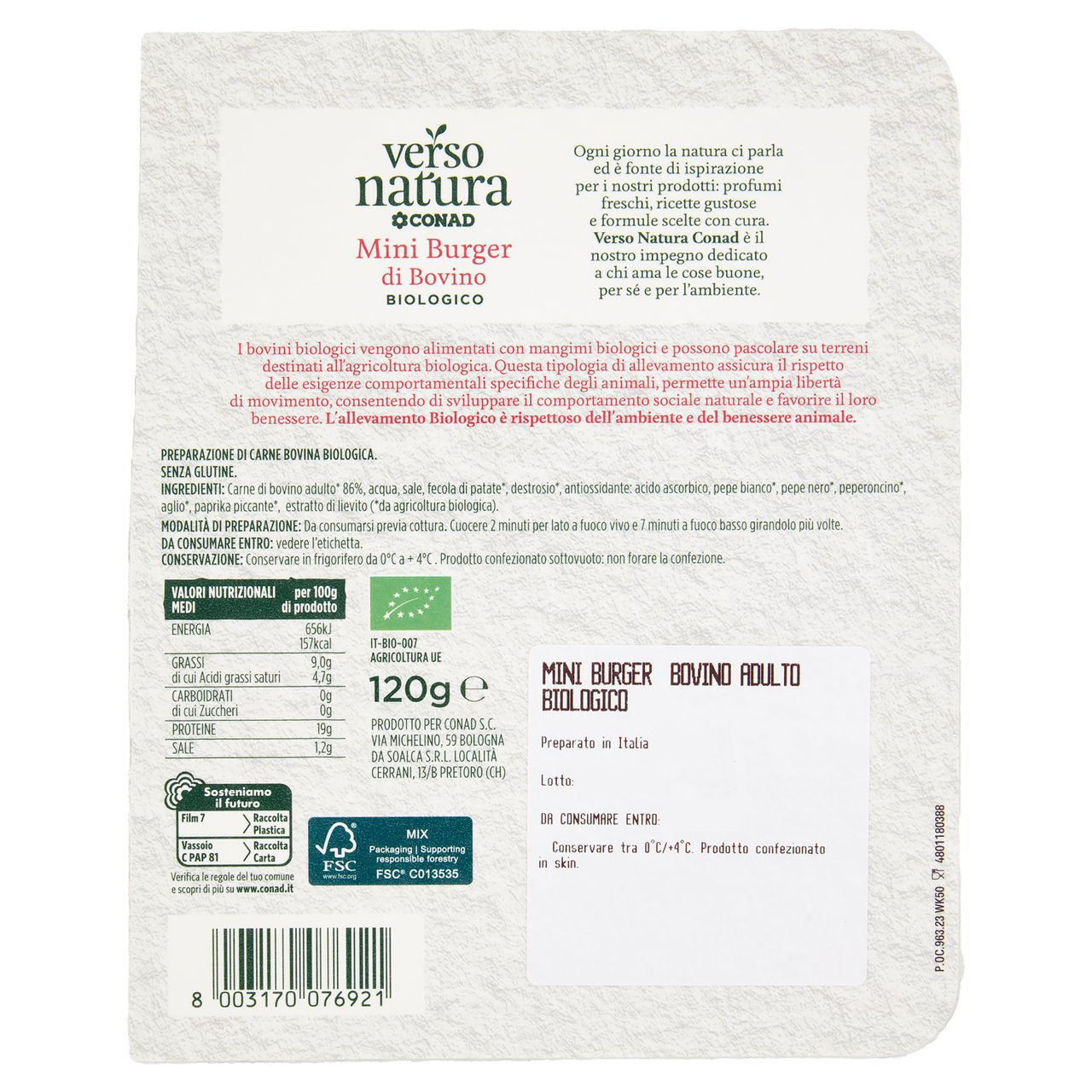 CONAD VERSO NATURA Mini Burger Bovino Adulto Biologico 120 g