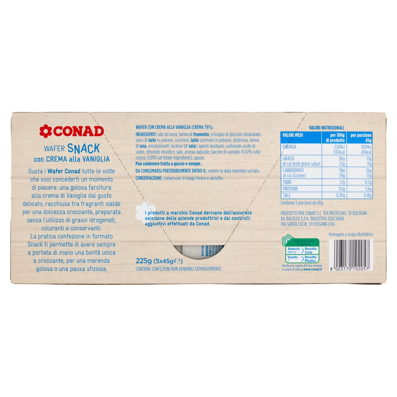 CONAD Wafer Snack con Crema alla Vaniglia 5 x 45 g