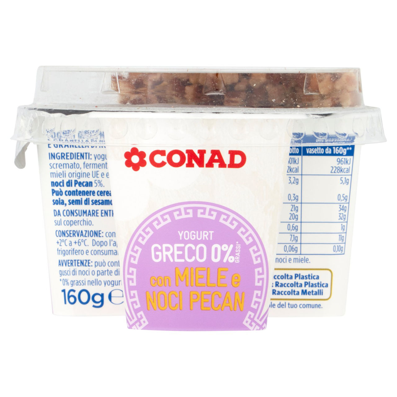 CONAD Yogurt Greco 0% Grassi* con Miele e Noci Pecan 160 g