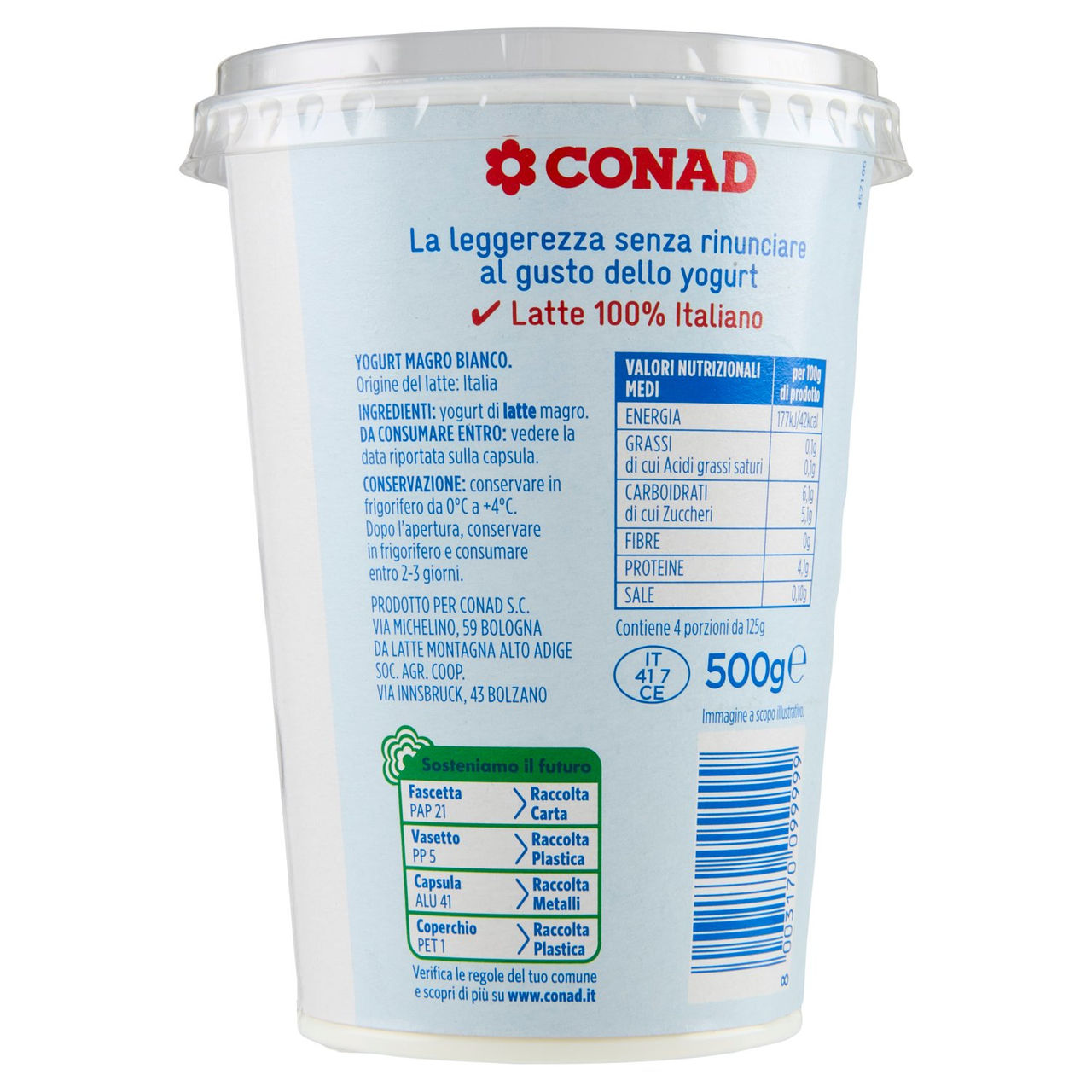 CONAD Yogurt Magro 0,1% di grassi Bianco 500 g