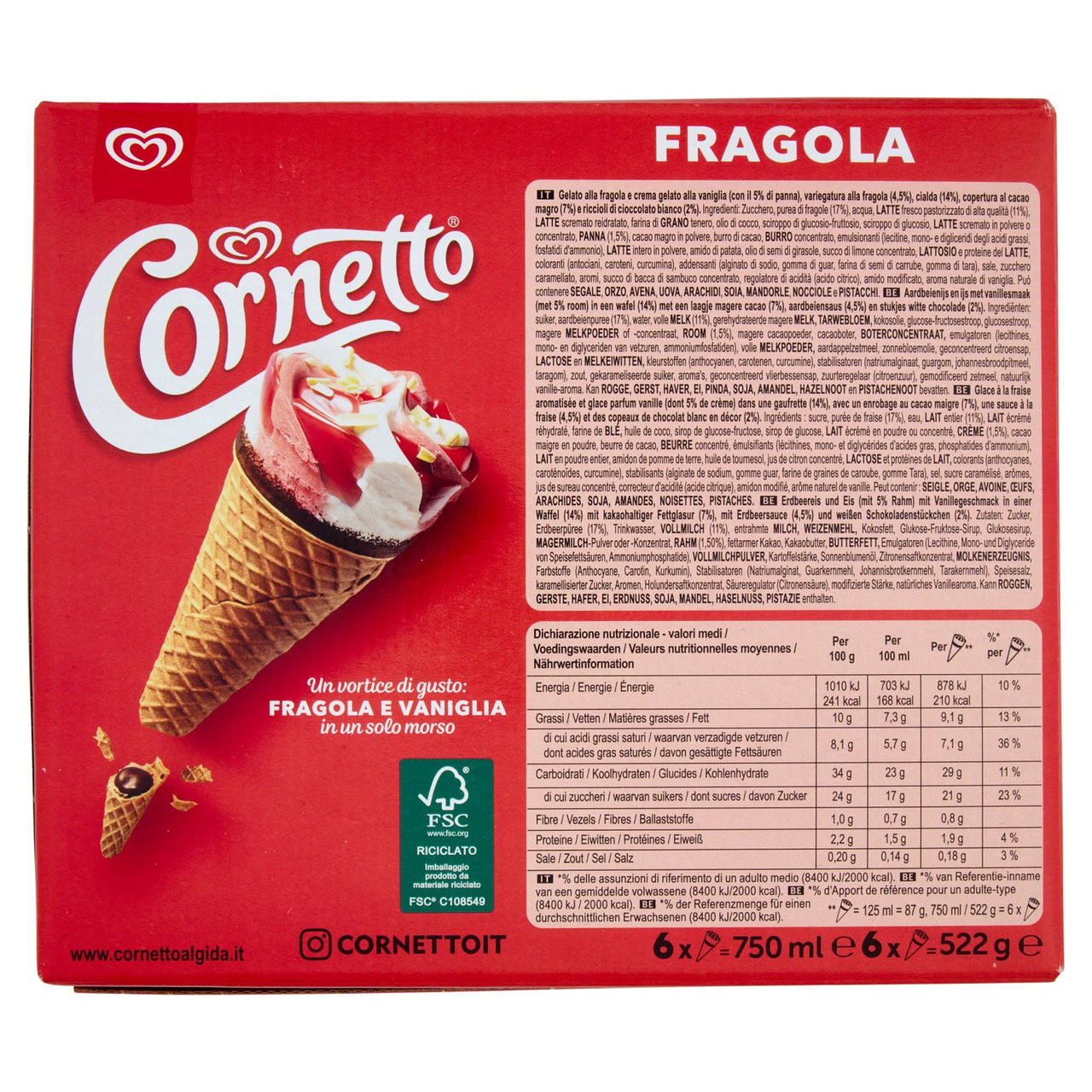 Cornetto Fragola 6 x 87 g