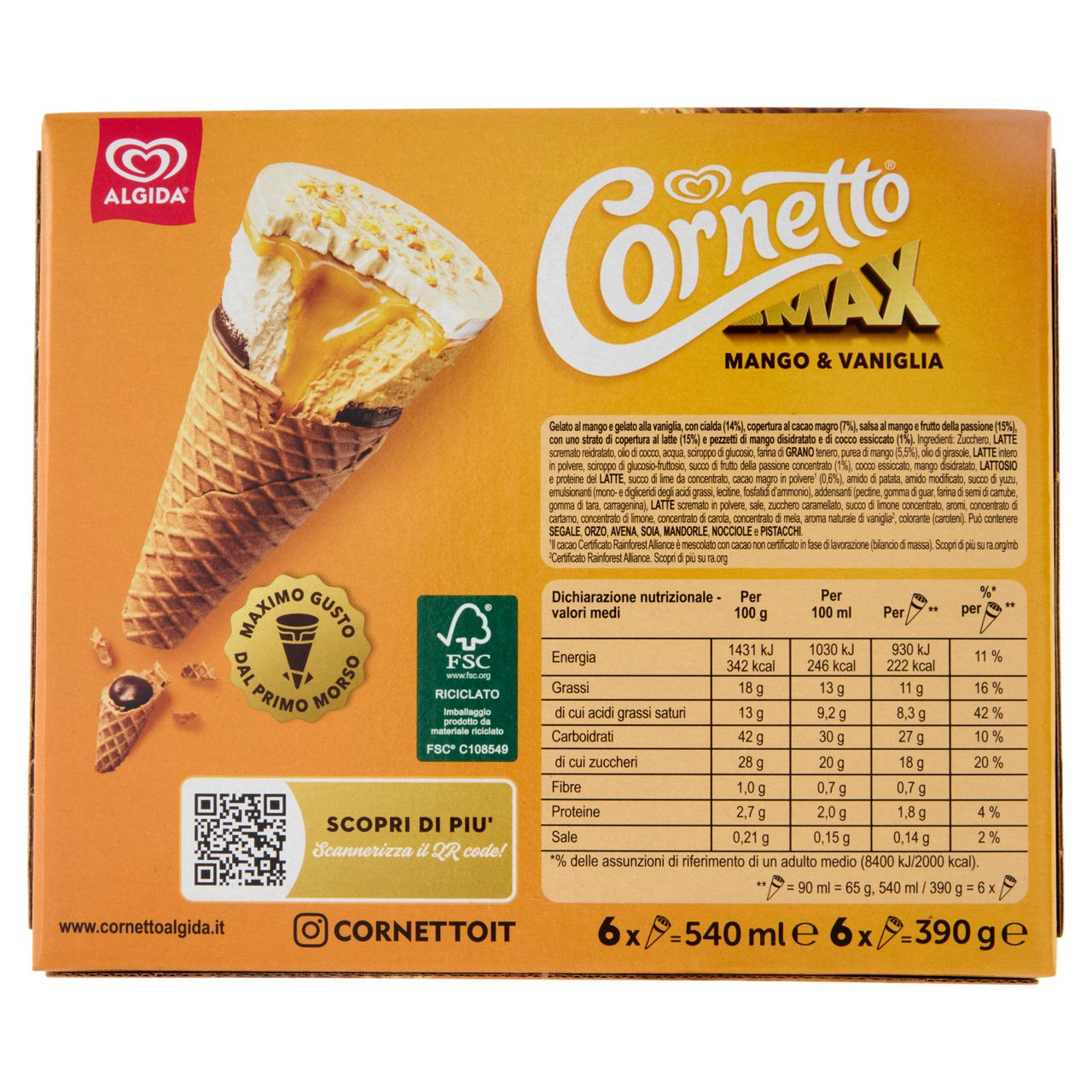 Cornetto Max Mango & Vaniglia 6 x 65 g