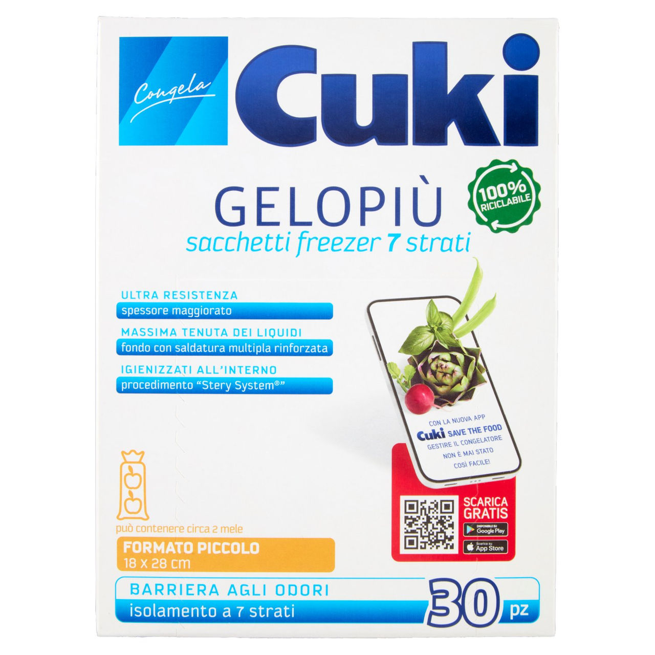 Cuki Congela Gelopiù sacchetti freezer 7 strati Formato Piccolo 18 x 28 cm 30 pz
