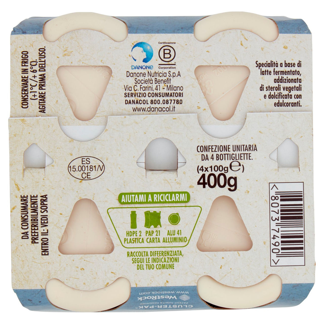 DANACOL Yogurt da bere, Riduce il Colesterolo grazie agli Steroli Vegetali, Bianco Naturale, 4x100g