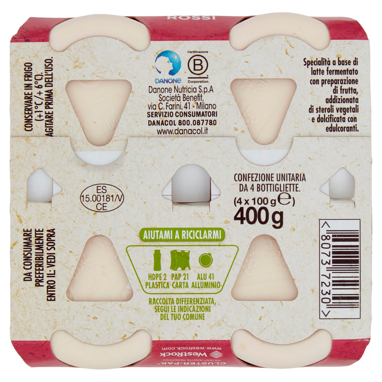 DANACOL Yogurt da bere, Riduce il Colesterolo grazie agli Steroli Vegetali, Frutti Rossi, 4x100g