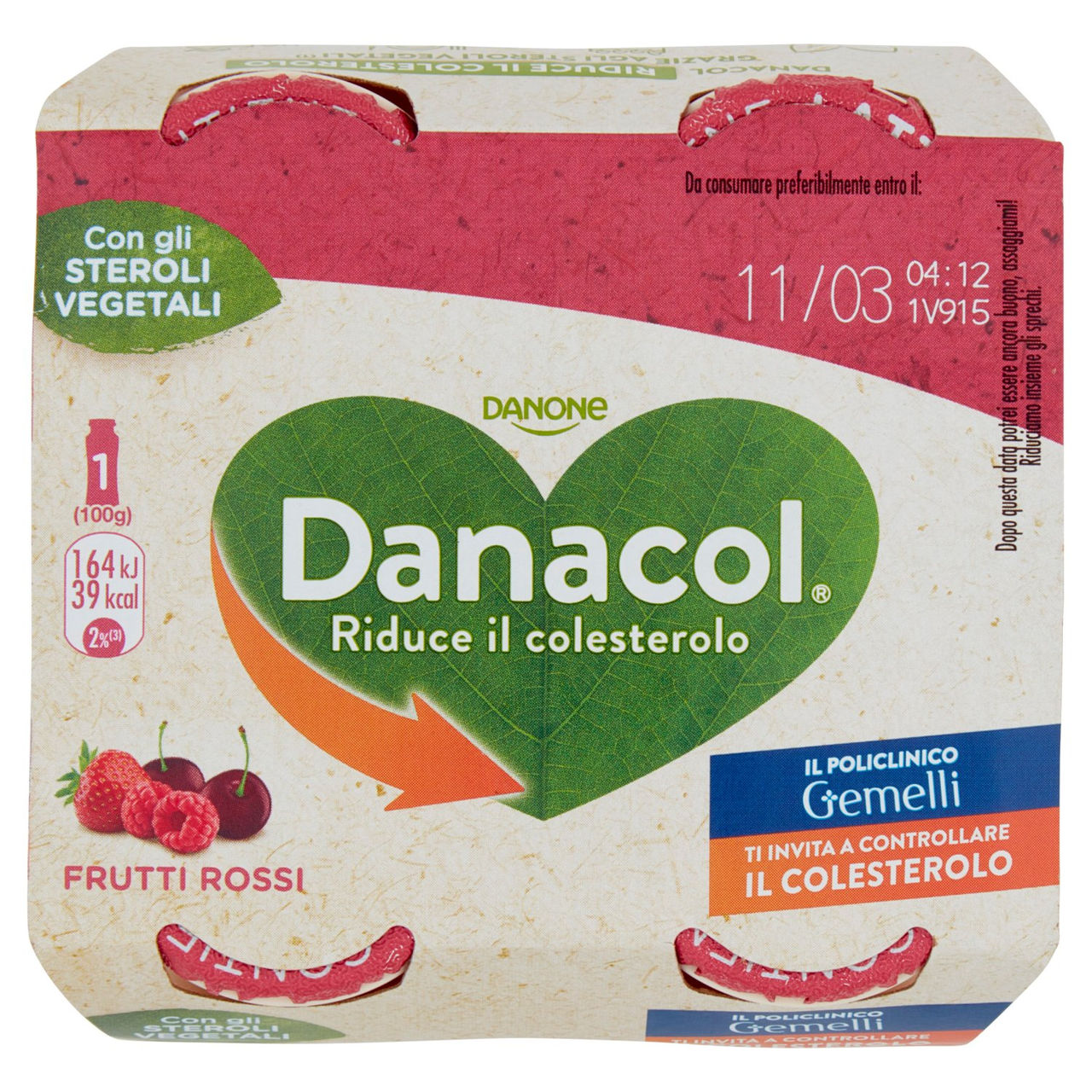 DANACOL Yogurt da bere, Riduce il Colesterolo grazie agli Steroli Vegetali, Frutti Rossi, 4x100g