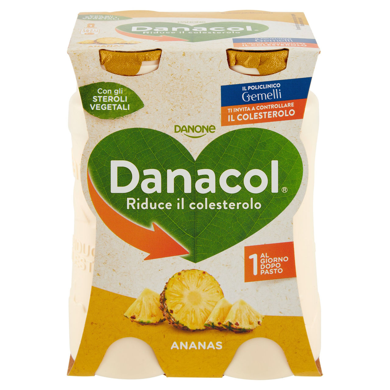 DANACOL Yogurt da bere, Riduce il Colesterolo grazie agli Steroli Vegetali, gusto Ananas, 4x100g