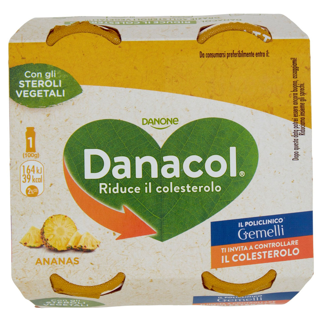 DANACOL Yogurt da bere, Riduce il Colesterolo grazie agli Steroli Vegetali, gusto Ananas, 4x100g