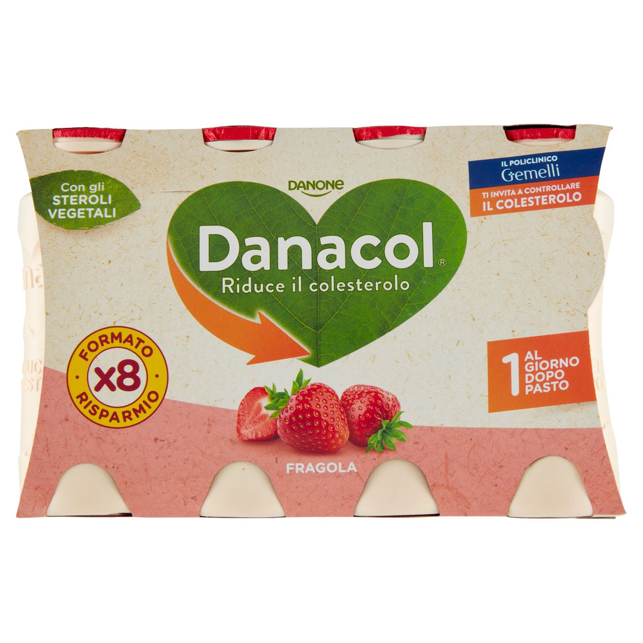 DANACOL Yogurt da bere, Riduce il Colesterolo grazie agli Steroli Vegetali, gusto Fragola, 8x100g