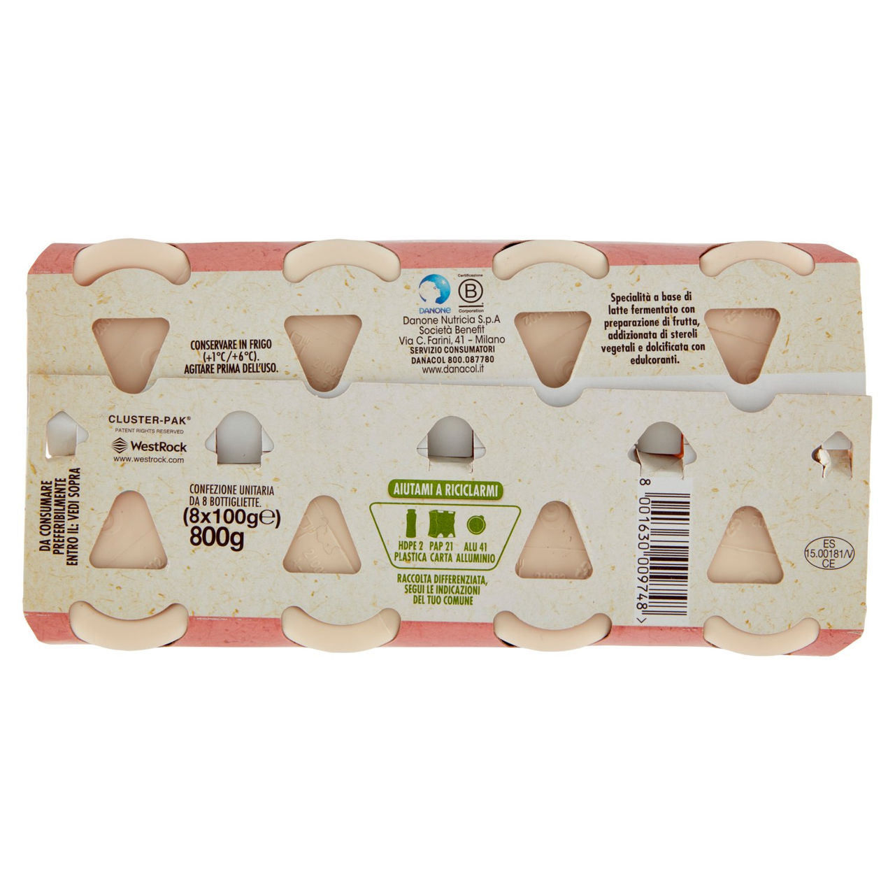 DANACOL Yogurt da bere, Riduce il Colesterolo grazie agli Steroli Vegetali, gusto Fragola, 8x100g