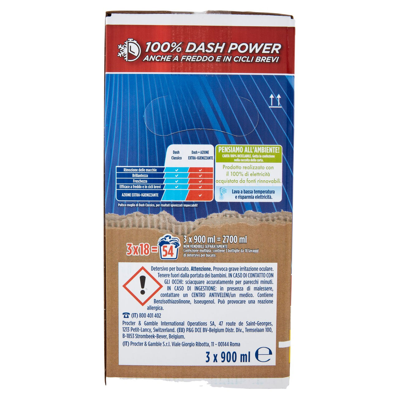 Dash Power Detersivo Liquido Lavatrice, Azione Extra-Igienizzante, 3x18 Lavaggi=54 Lavaggi 3x900ml