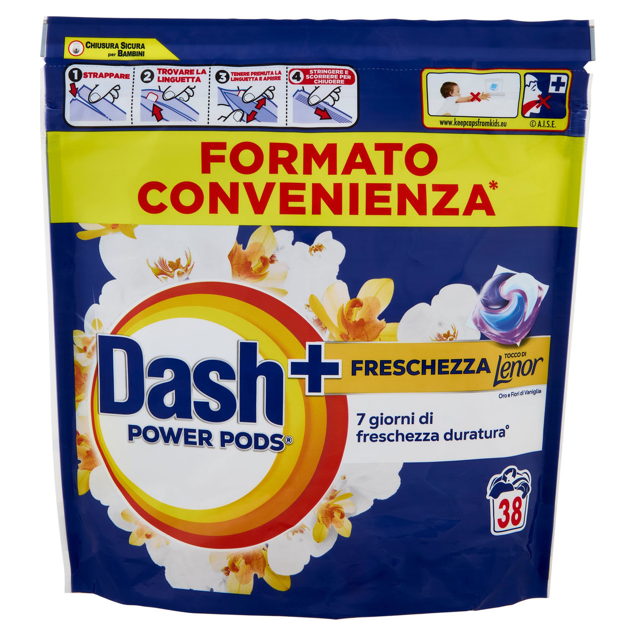 Dash Power Pods Detersivo Lavatrice Capsule   Tocco Lenor Oro e Fiori di Vaniglia, 38 Lavaggi 881,6