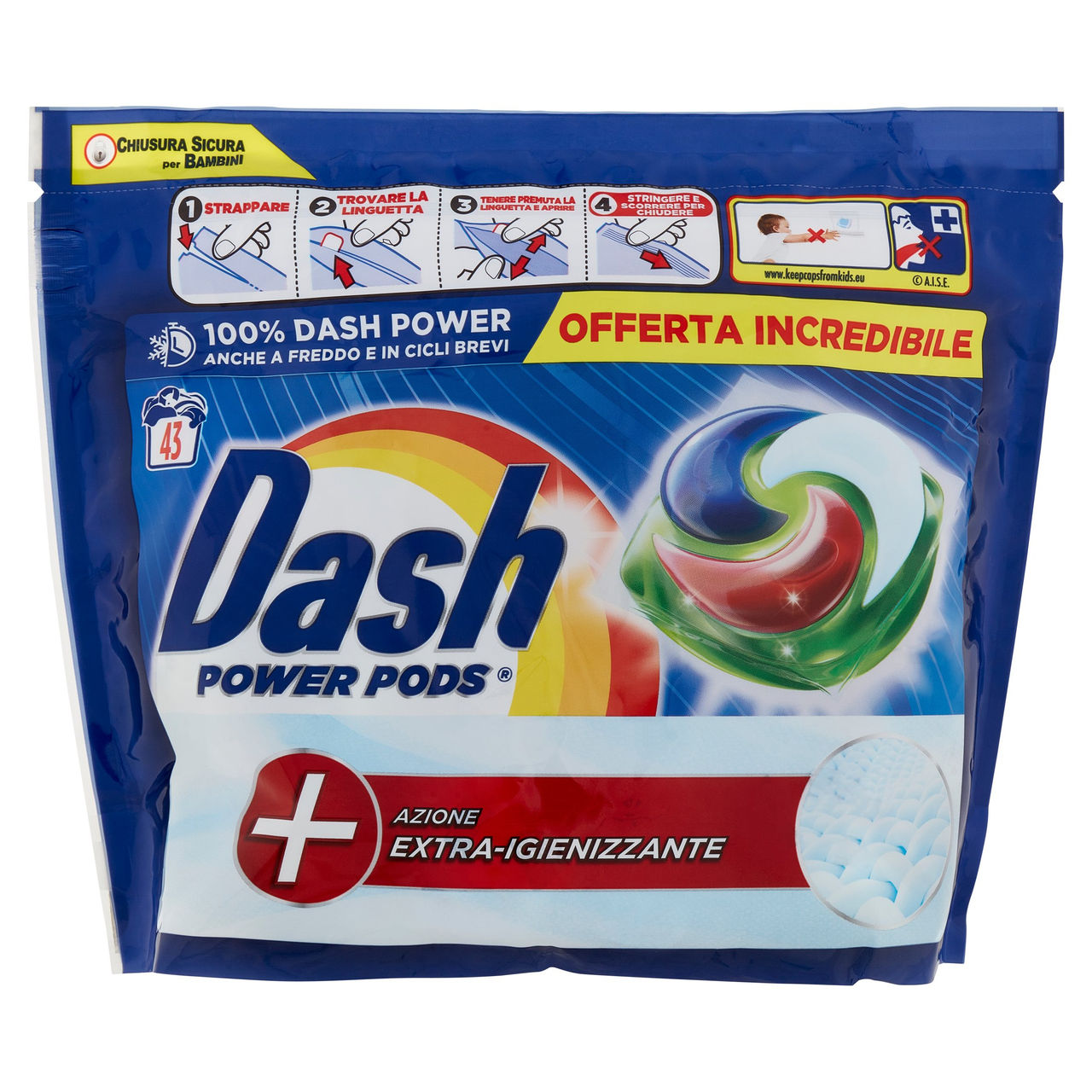 Dash Power Pods Detersivo Lavatrice In Capsule, Azione Extra-Igienizzante, 43 Lavaggi 1105,1 g