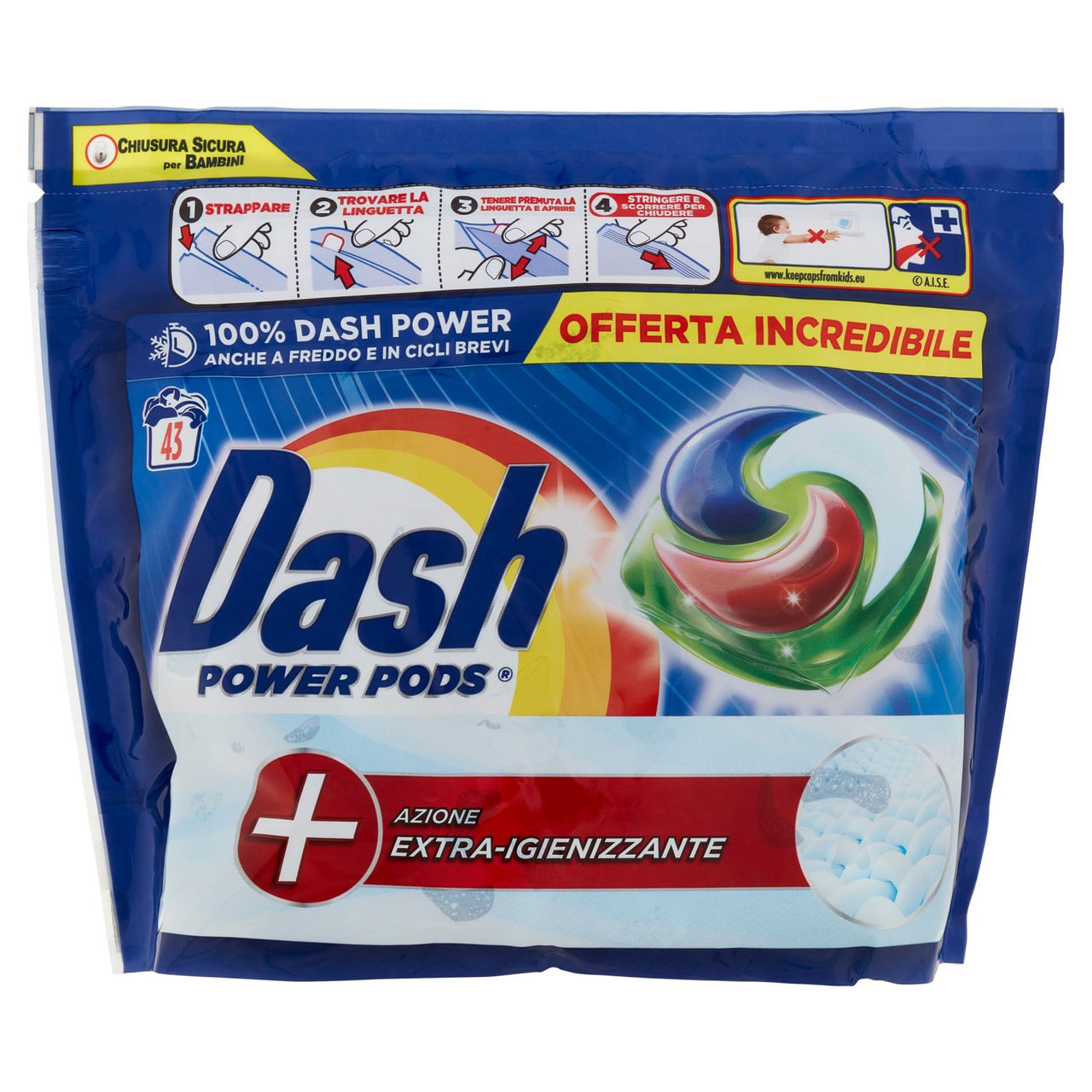 Dash Power Pods Detersivo Lavatrice In Capsule, Azione Extra-Igienizzante, 43 Lavaggi 1105,1 g