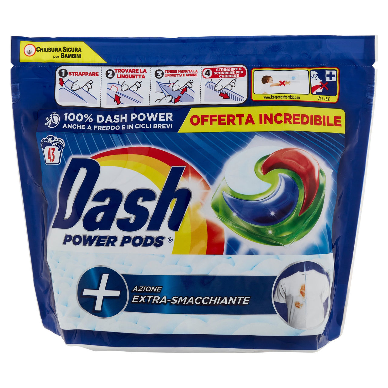 Dash Power Pods Detersivo Lavatrice In Capsule, Azione Extra-Smacchiante, 43 Lavaggi 1105,1 g