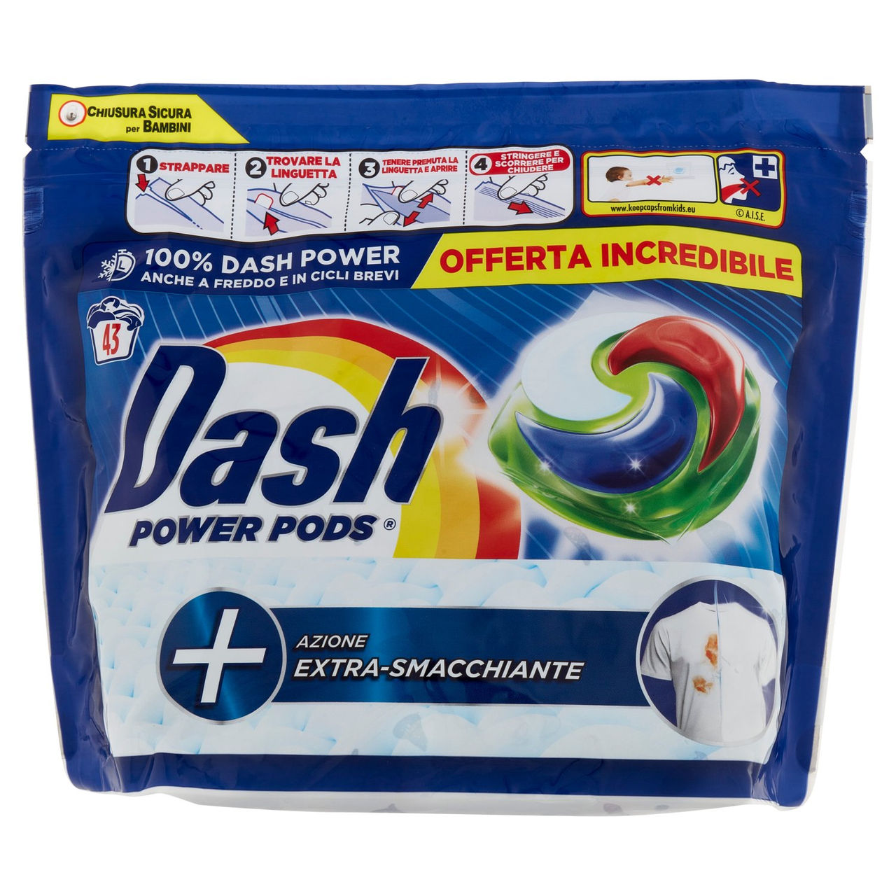 Dash Power Pods Detersivo Lavatrice In Capsule, Azione Extra-Smacchiante, 43 Lavaggi 1105,1 g