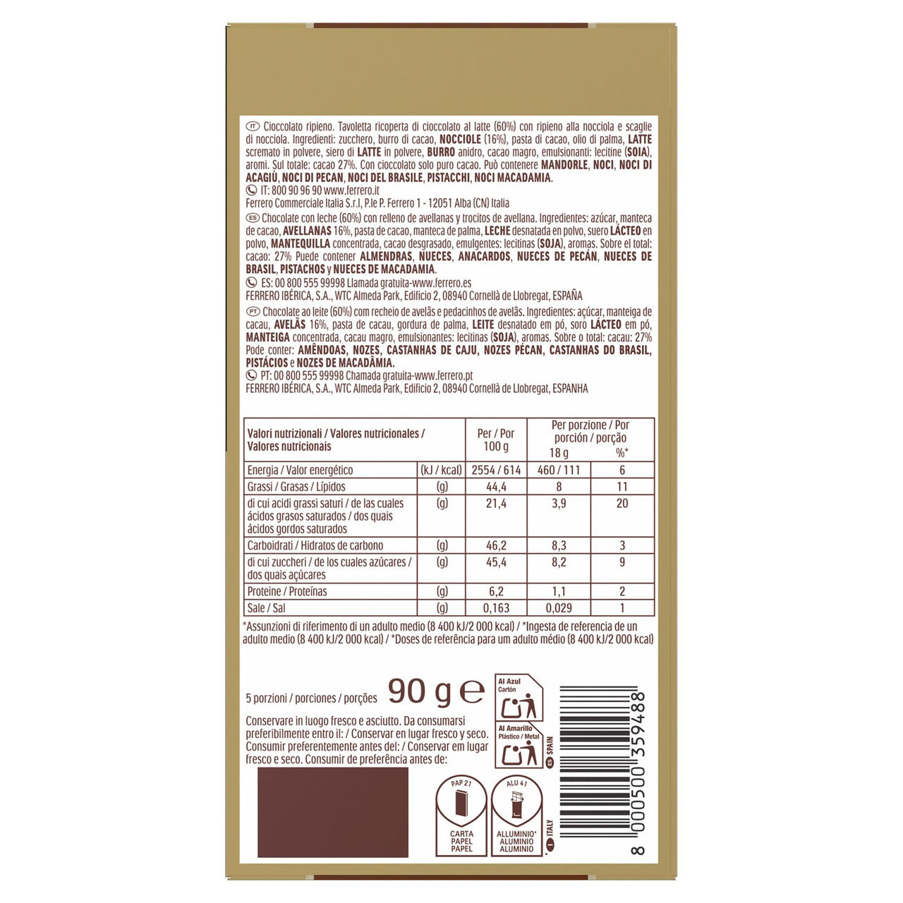 Ferrero Rocher Milk - Tavoletta di cioccolato al latte con ripieno alla nocciola 90 g