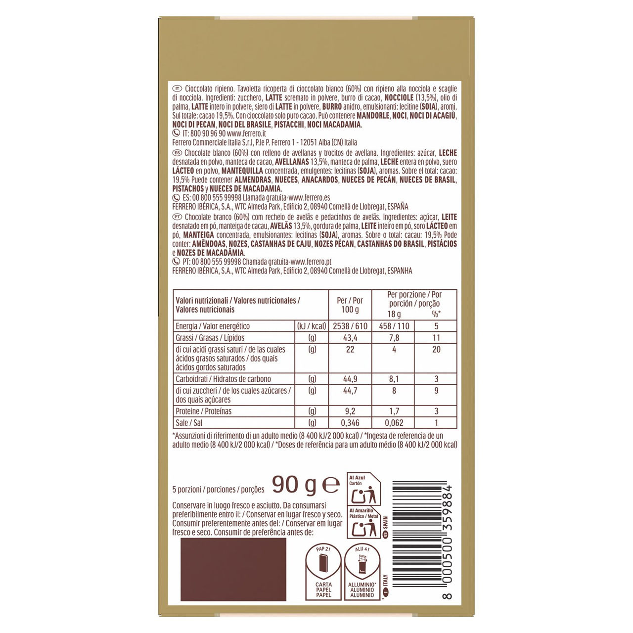 Ferrero Rocher White - Tavoletta di cioccolato bianco con ripieno alla nocciola 90 g
