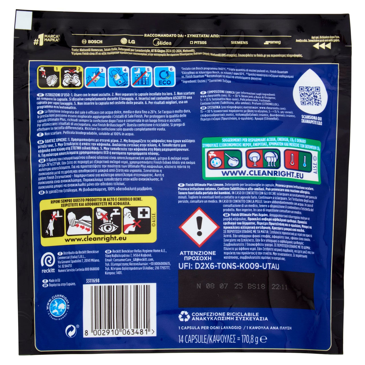 Finish Ultimate Plus Limone pastiglie lavastoviglie 14 lavaggi 170,8 g