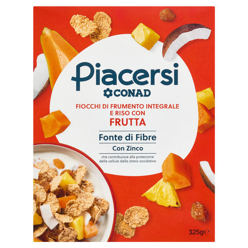Fiocchi di frumento integrale e riso con frutta arricchiti con 8 vitamine, ferro e zinco 325g Conad