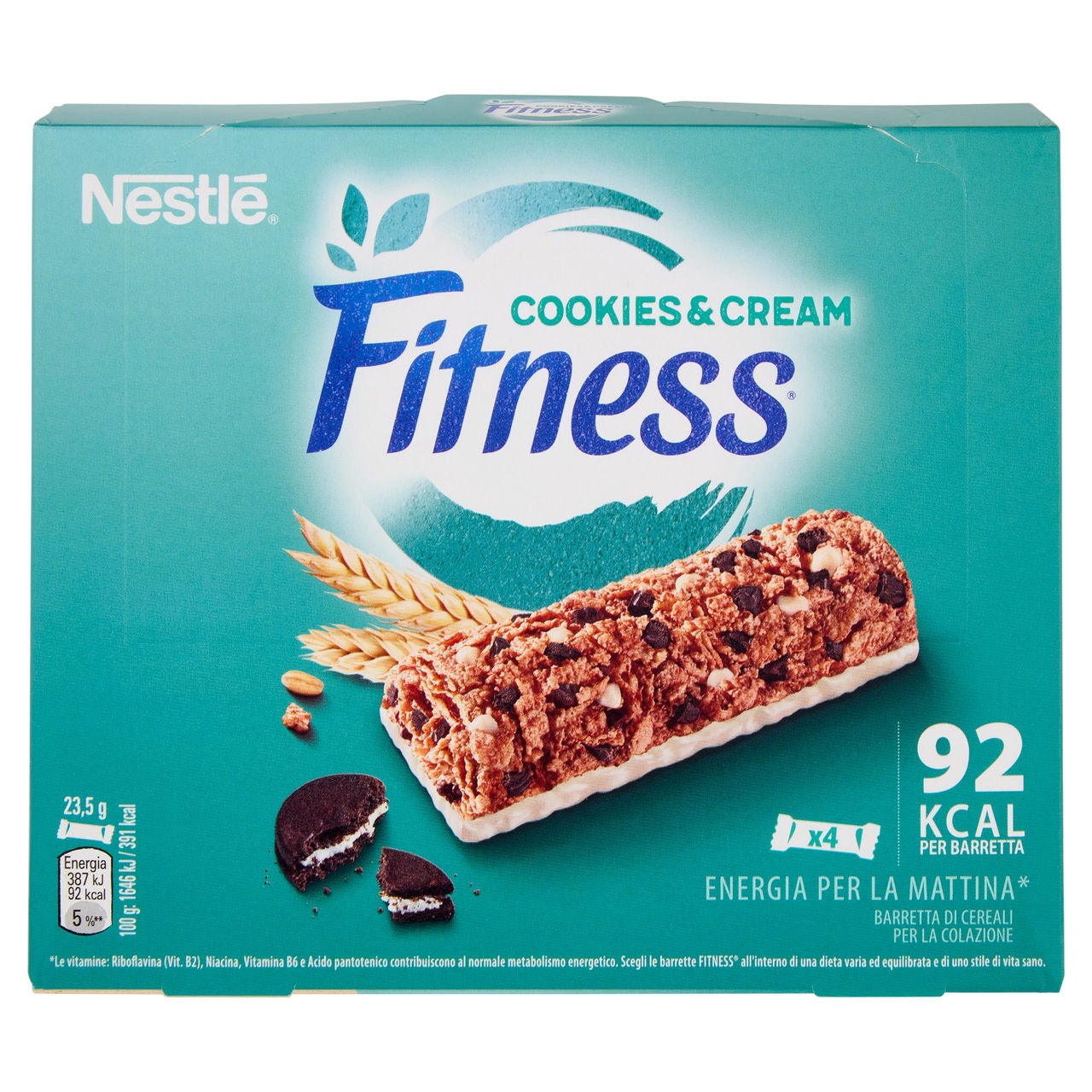 FITNESS Cookies&Cream Barrette Cereali Integrali con Biscotti e Cioccolato Bianco 4 pezzi da 23,5g