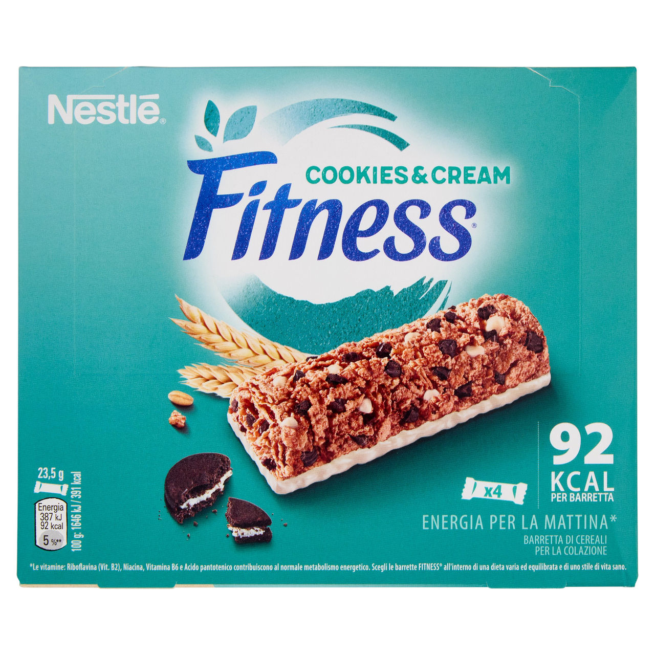 FITNESS Cookies&Cream Barrette Cereali Integrali con Biscotti e Cioccolato Bianco 4 pezzi da 23,5g