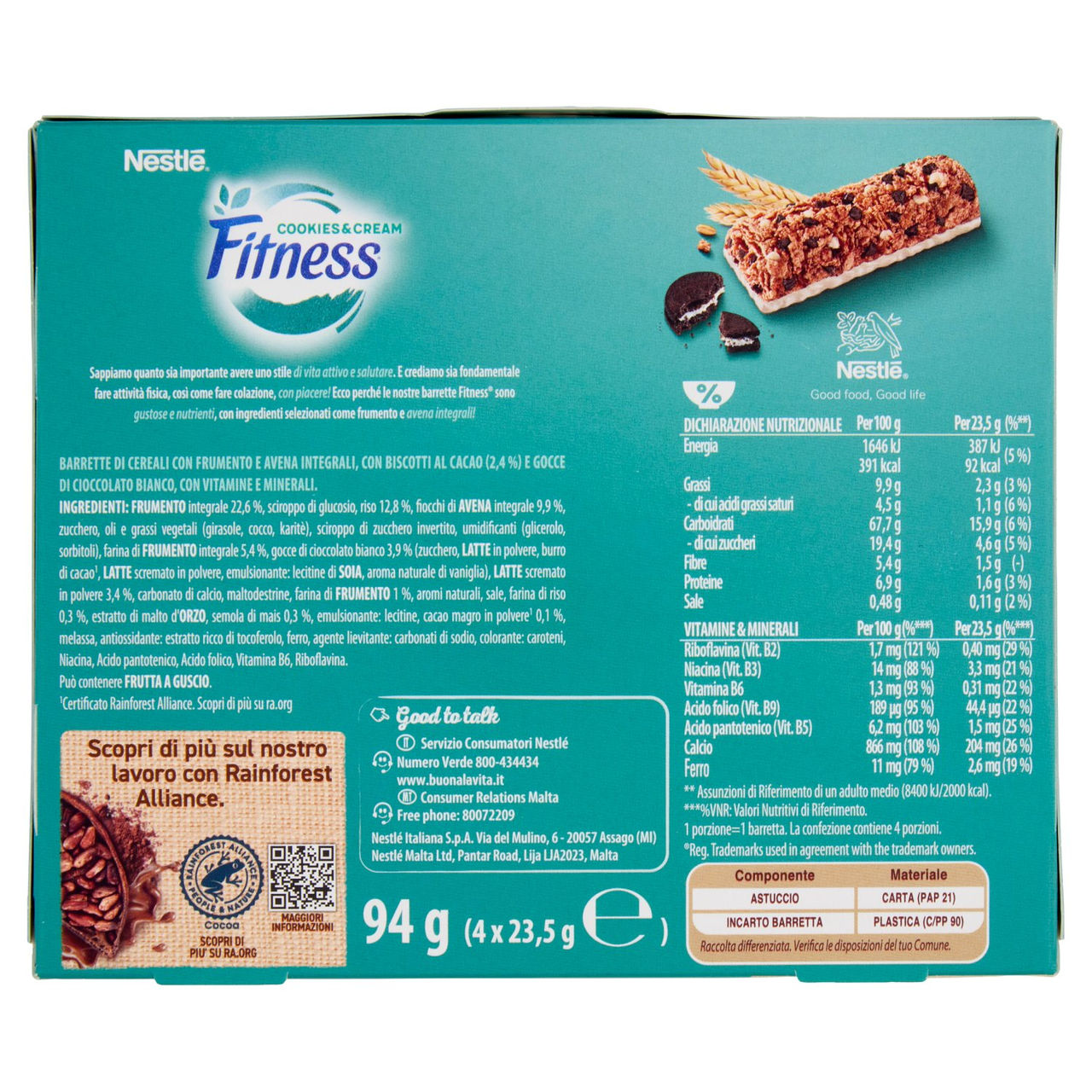 FITNESS Cookies&Cream Barrette Cereali Integrali con Biscotti e Cioccolato Bianco 4 pezzi da 23,5g