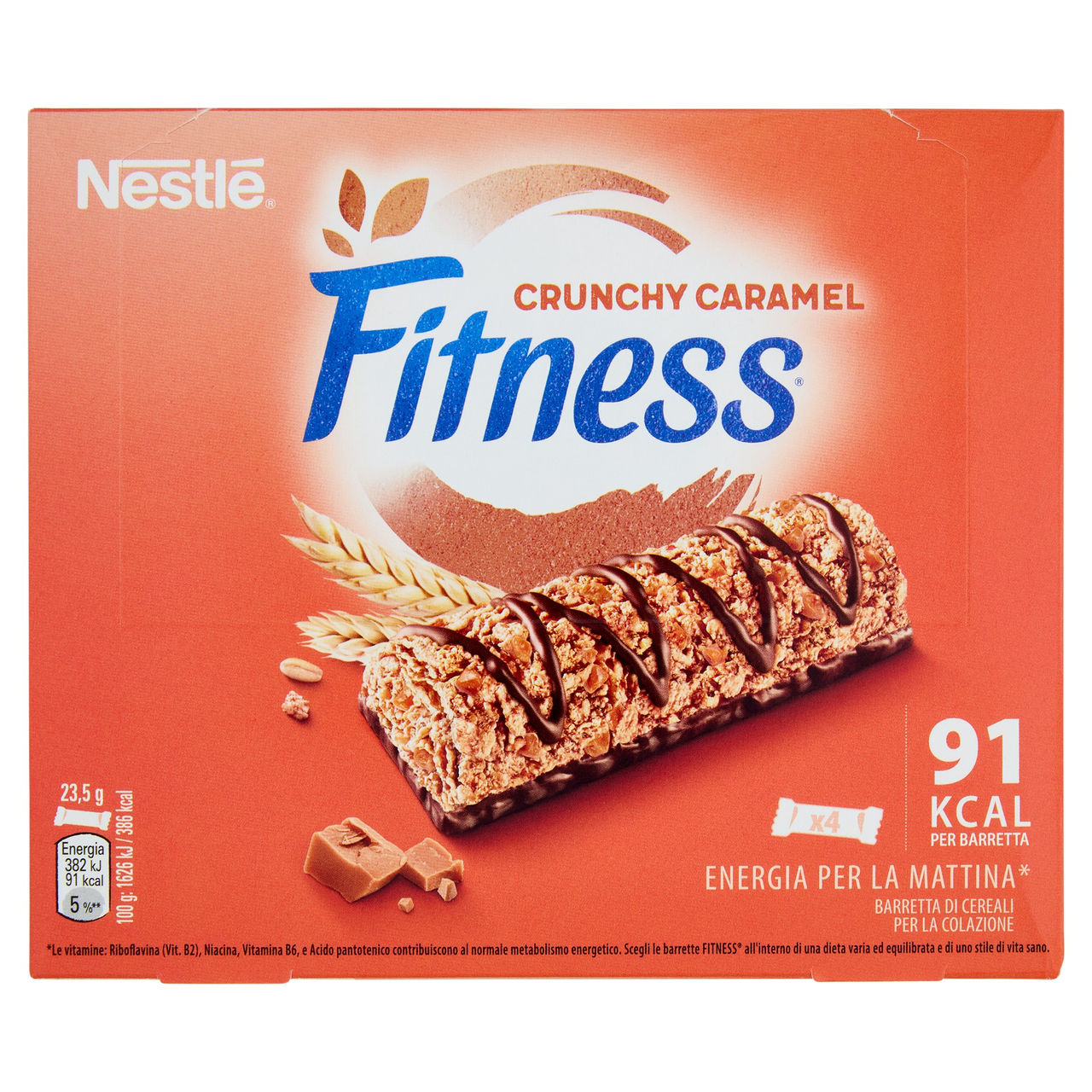FITNESS Crunchy Caramel Barrette Cereali Integrali con Cioccolato e Caramello 4 pezzi da 23,5g