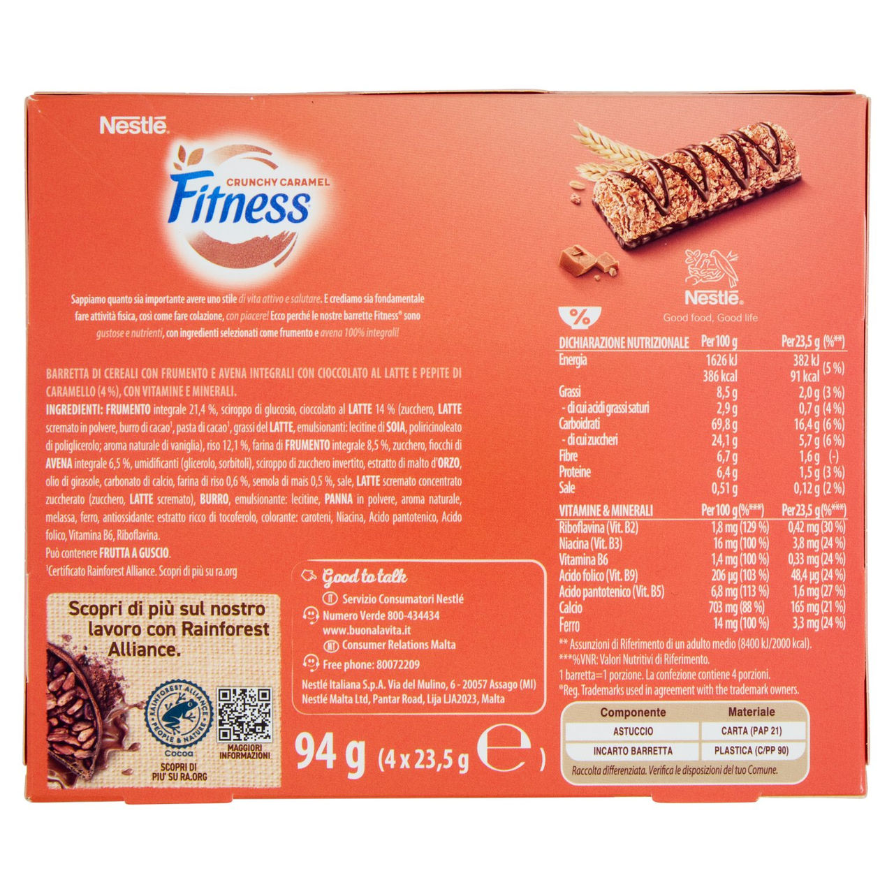 FITNESS Crunchy Caramel Barrette Cereali Integrali con Cioccolato e Caramello 4 pezzi da 23,5g