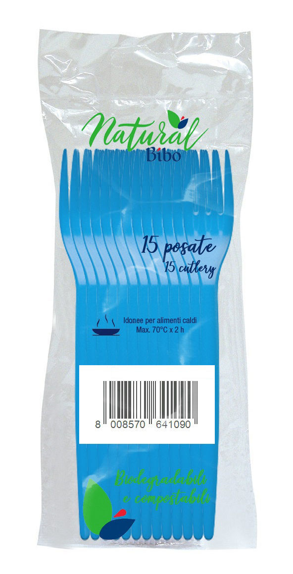 Forchette Natural Bibo biodegradabili azzurre conf. da 15 pezzi