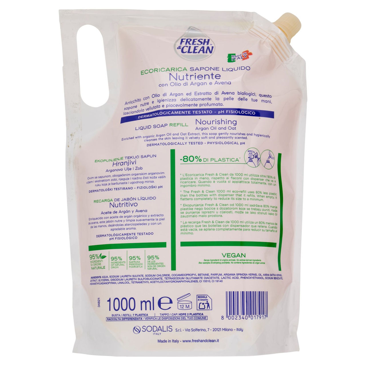 Fresh & Clean Sapone Liquido Nutriente Olio di Argan e Avena Ecoricarica 1000 ml