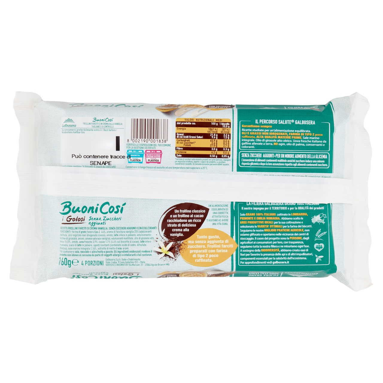 Galbusera BuoniCosì Senza Zuccheri aggiunti i Golosi con Deliziosa Crema alla Vaniglia 4 Snack 160 g