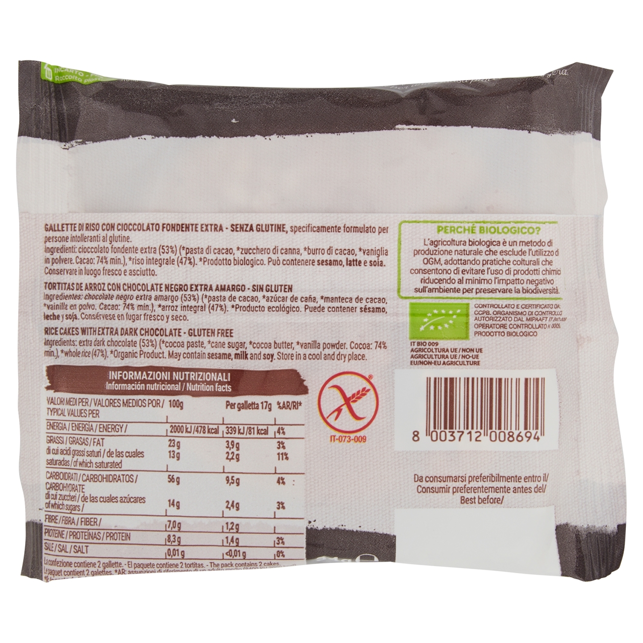 Gallette monoporzione Sarchio con cioccolato fondente extra senza glutine bio vegan 34 g